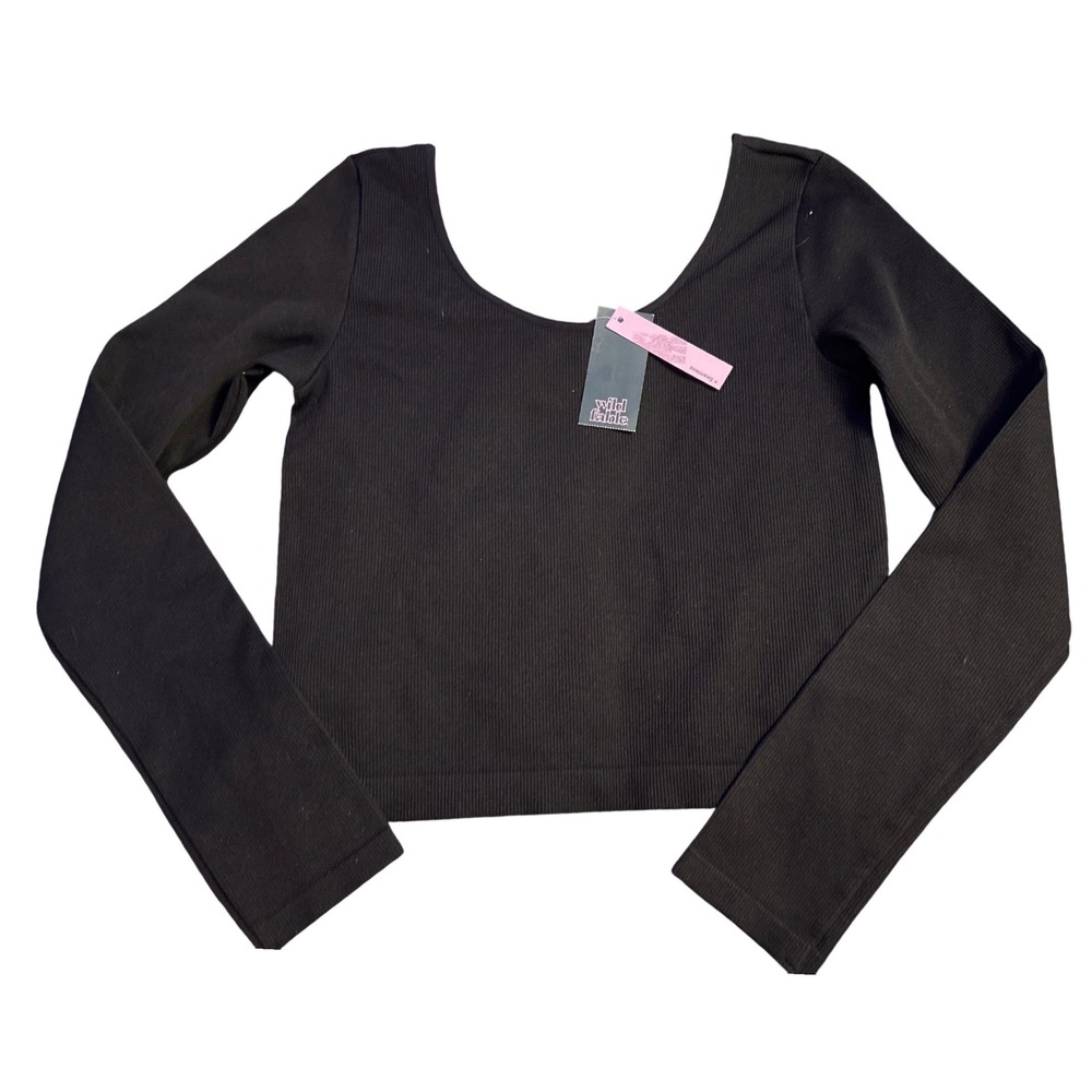 NEW Wild Fable Women's Black Ribbed Scoop Neck Long Sleeve Crop Top, Size XL
